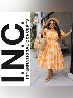 I.N.C International Concepts White & Orange Tropical Floral Midi Dress, XL, NWT!